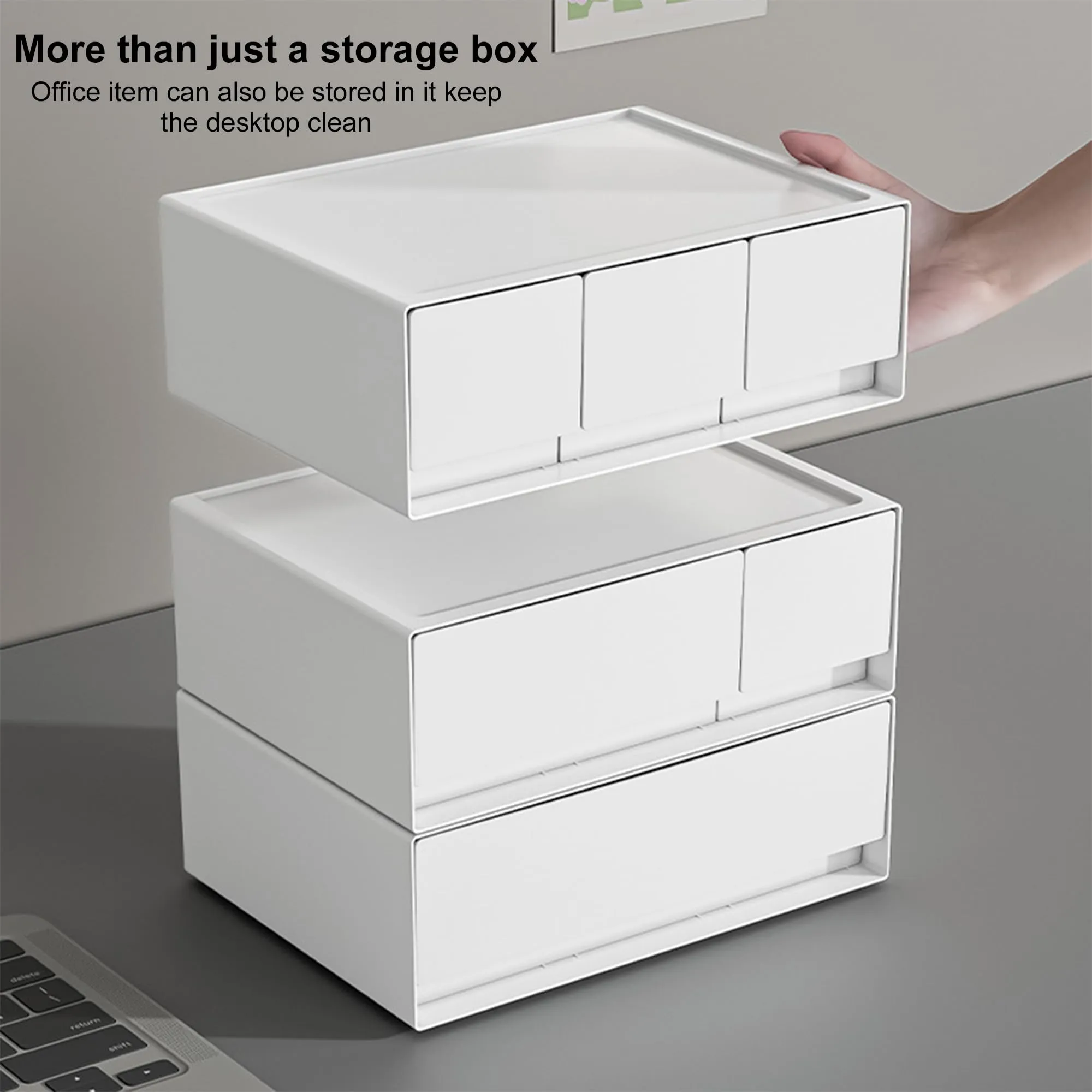 Kuber Industries Stackable Drawer Box Organizer | 3 Drawers Stackable Desktop Organizer | For Office Supplies, Stationery | Countertop Pen Holder | Generic Storage Case| W1943 | White