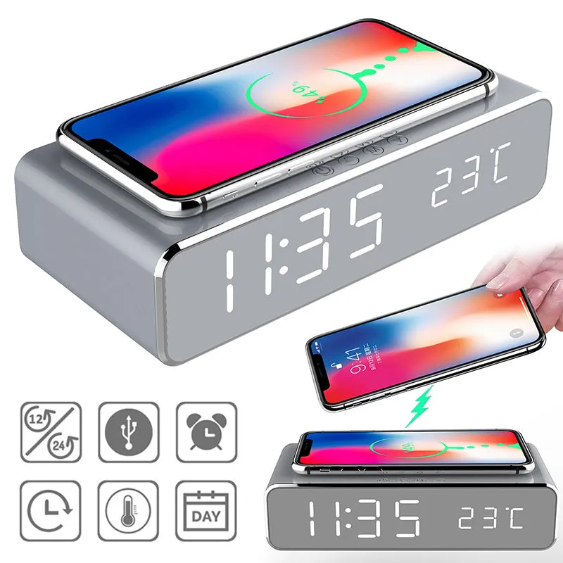 LED Electric Alarm Clock with Wireless Charger – HD Mirror Desktop Decor