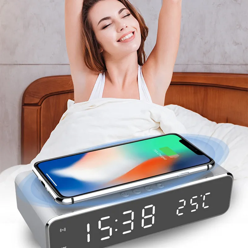 LED Electric Alarm Clock with Wireless Charger – HD Mirror Desktop Decor