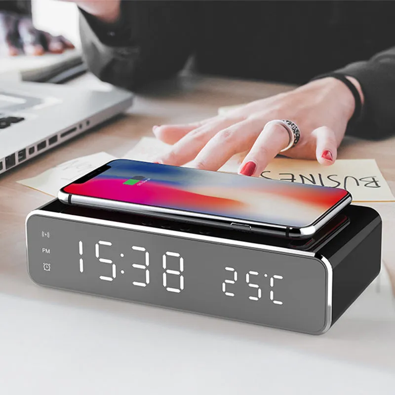 LED Electric Alarm Clock with Wireless Charger – HD Mirror Desktop Decor