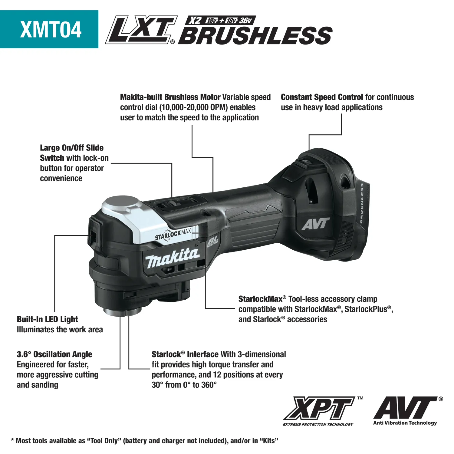 Makita 18V LXT® Lithium‑Ion Sub‑Compact Brushless Cordless StarlockMax® Oscillating Multi‑Tool, Tool Only (12" Overall Length - XMT04ZB)