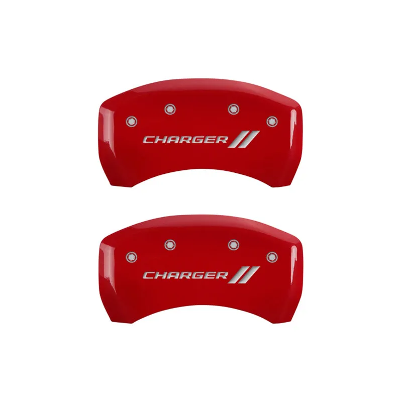 MGP Caliper Covers Brake Caliper Cover - Charger Script / Stripes Logo - Red Powder Coat - 18 in Minimum Wheel Diameter - Dodge Charger 2011-16 - Set of 4 12162SCH1RD