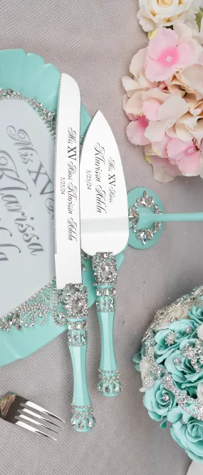 Mint Quinceanera cake knife and server