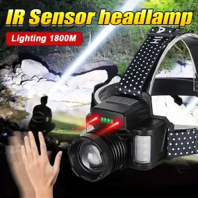 Most Powerful IR Sensor Headlamp 1800M Rechargeable LED Headlight Super Bright Head Flashlight Long Shot Head Lamp Fishing Torch