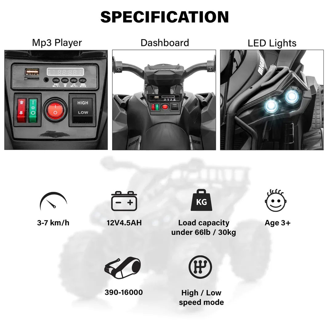 New 12V ATV 1 Seater 2025 Upgraded Ride On | LED Lights | Off-Road | Ages 3-8 | Black Or Red | 3-7Kph