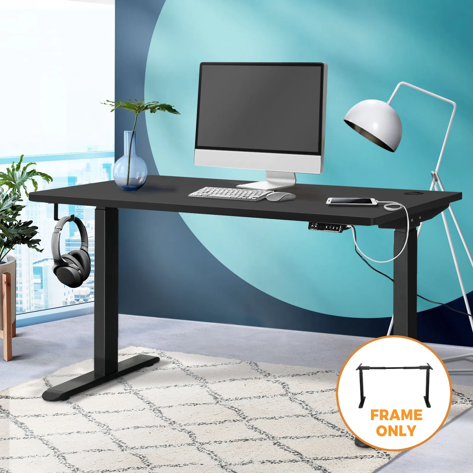 Oikiture Standing Desk Frame Only Height Adjustable Motorised Dual Motor Black