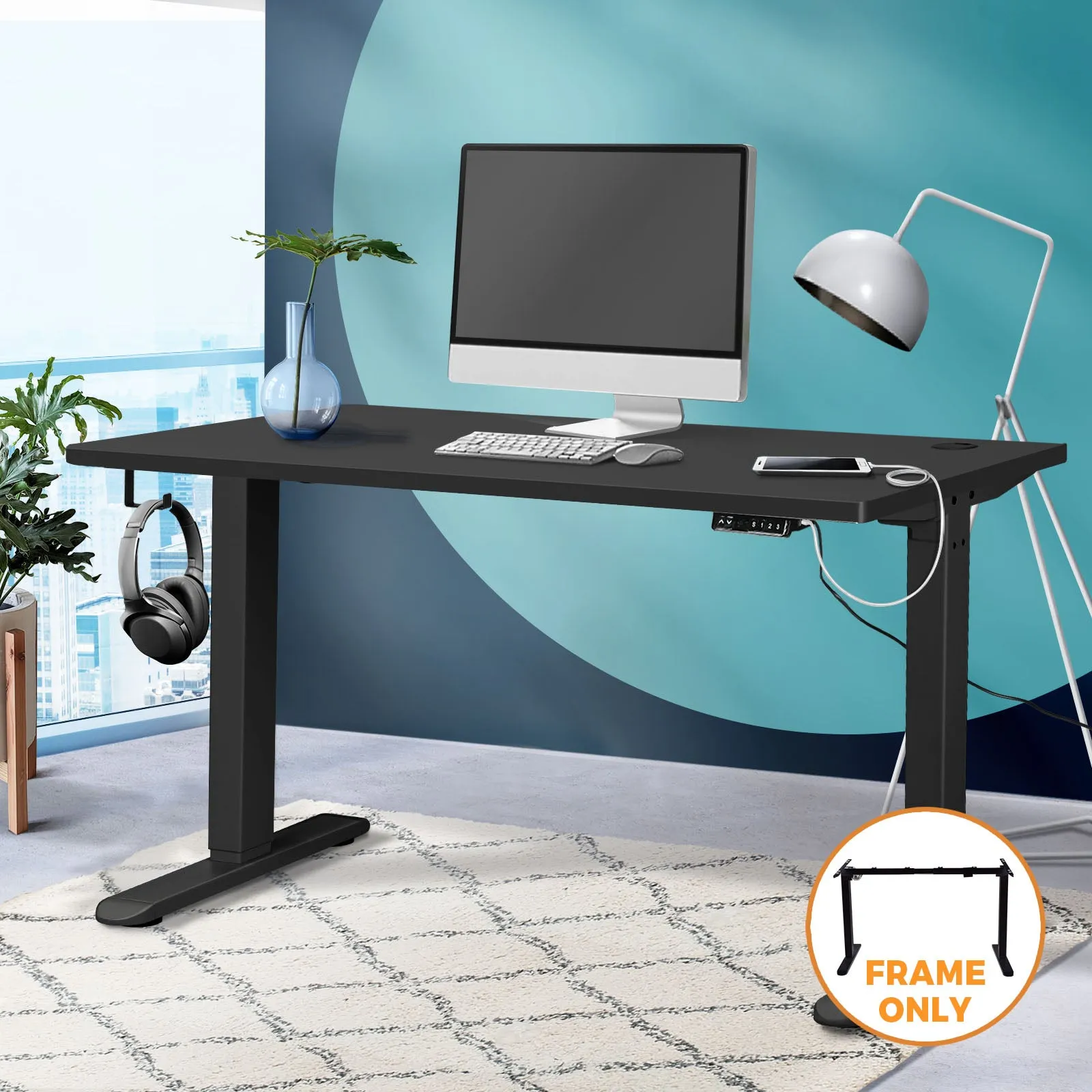 Oikiture Standing Desk Frame Only Height Adjustable Motorised Stand Table Black