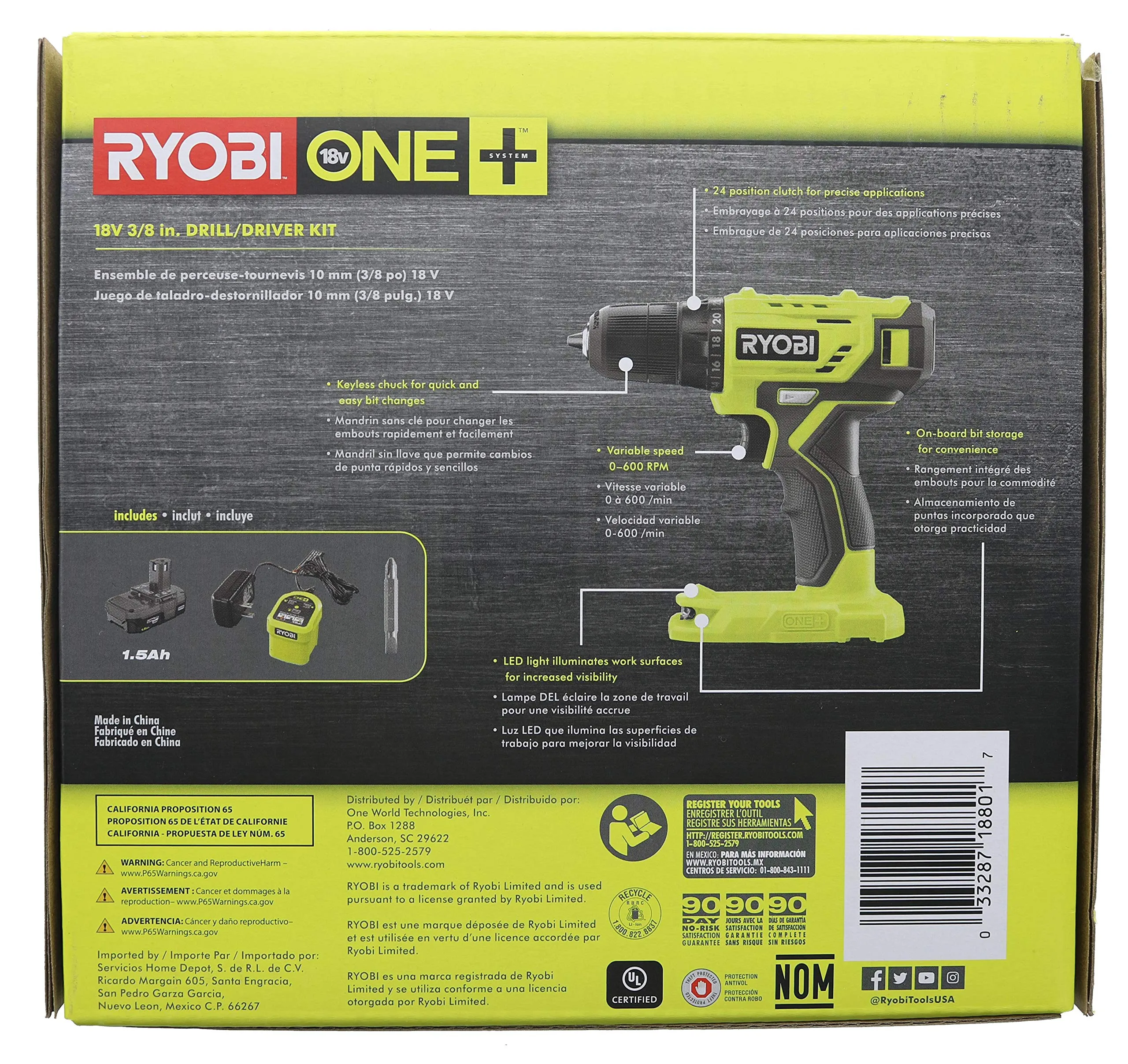 Open Box -  RYOBI 18-Volt ONE  Cordless 3/8 in. Drill/Driver Kit with 1.5 Ah Battery and Charger