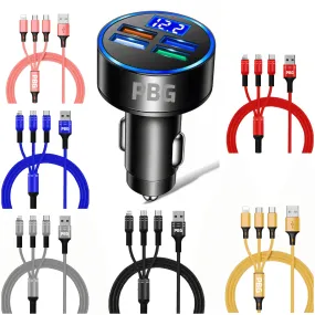 PBG LED 4 Port Car Charger Voltage Display and 3 in 1 Cable Bundle