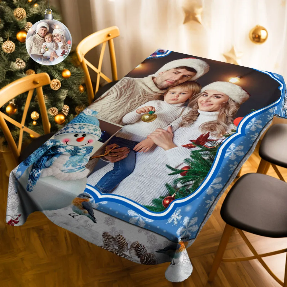 Personalized Photo Christmas Snowman Tablecloth Custom Washable Table Cover Christmas Gift