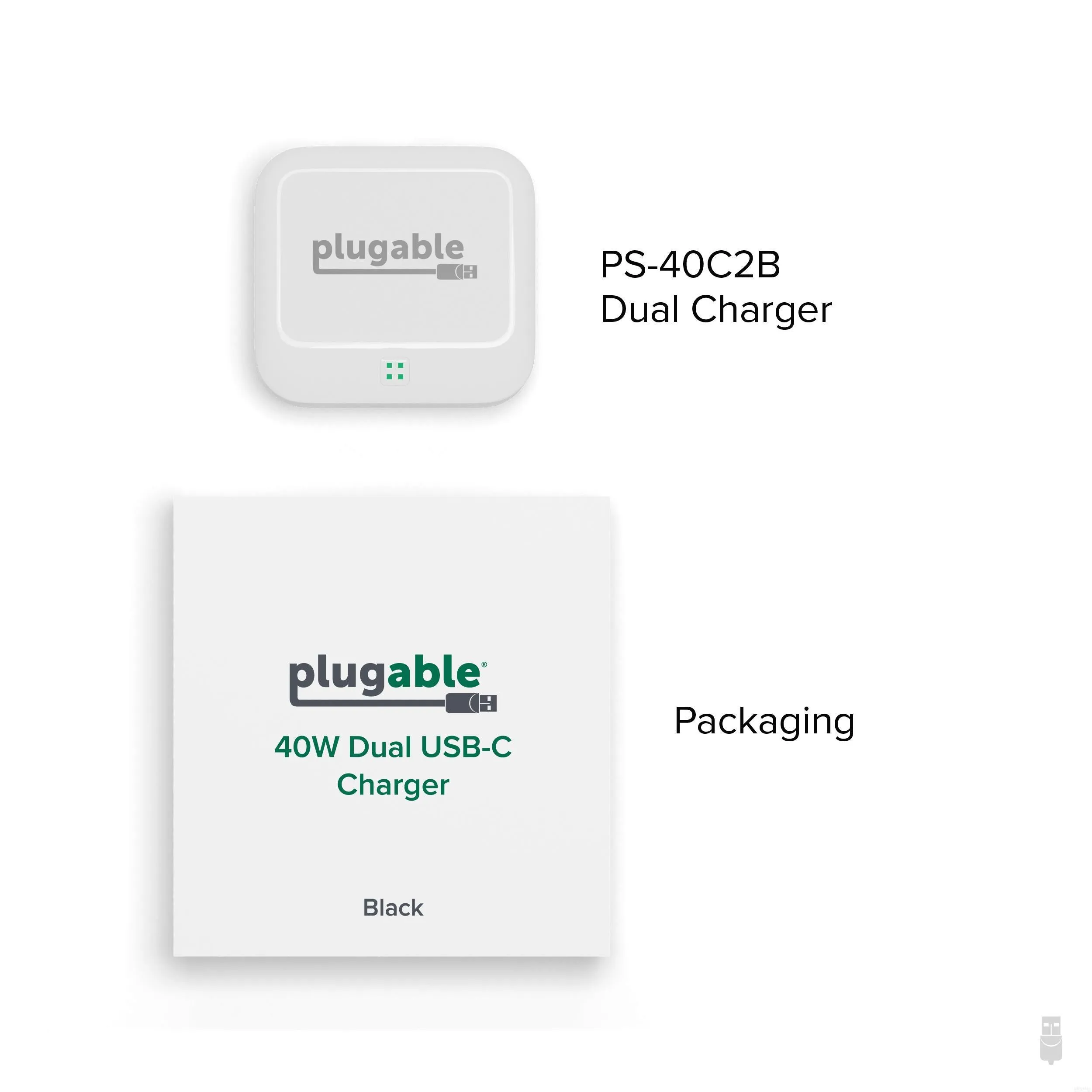 Plugable Dual USB-C Fast Charger, 40W - White