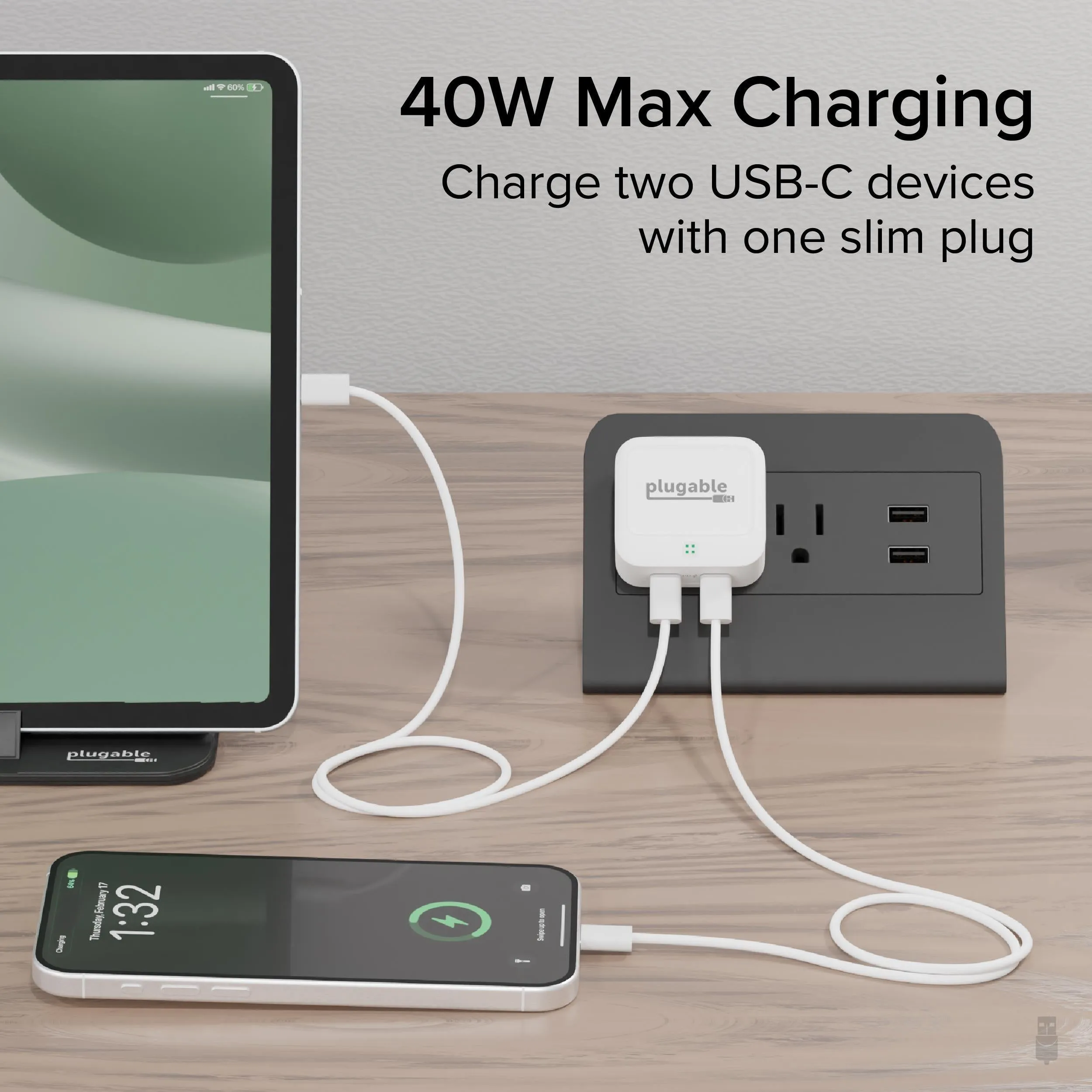 Plugable Dual USB-C Fast Charger, 40W - White