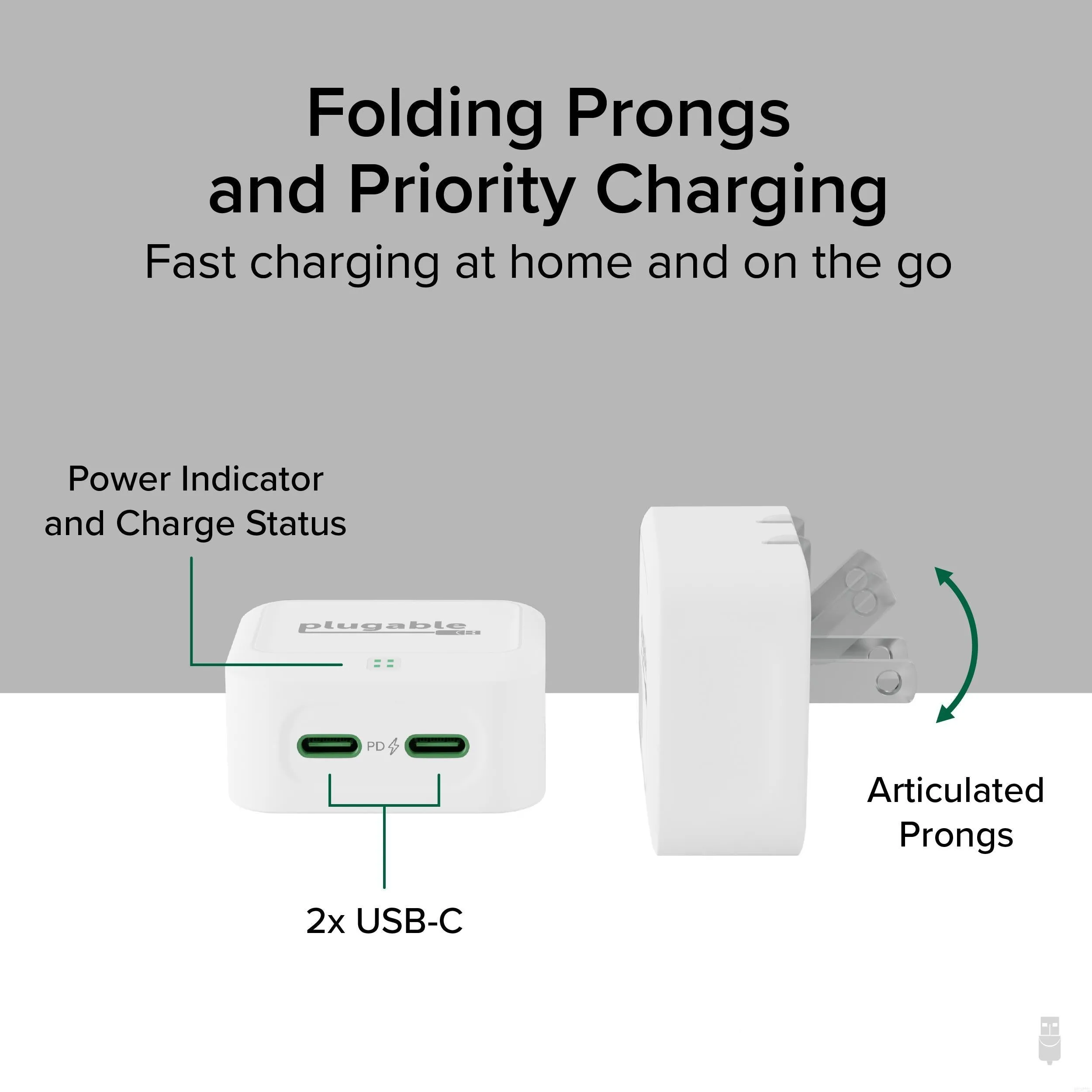 Plugable Dual USB-C Fast Charger, 40W - White