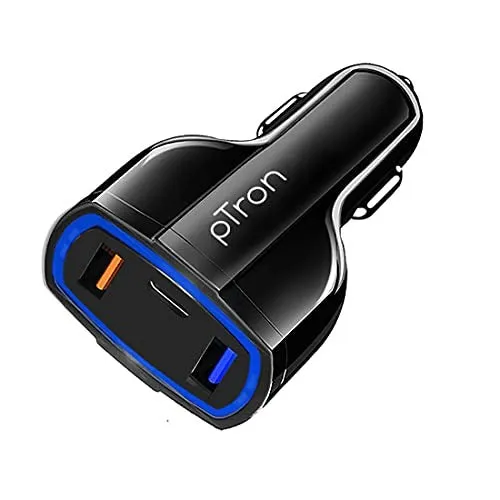 pTron Bullet Pro 36W PD Quick Charger, 3 Port Fast Car Charger Adapter (Black)