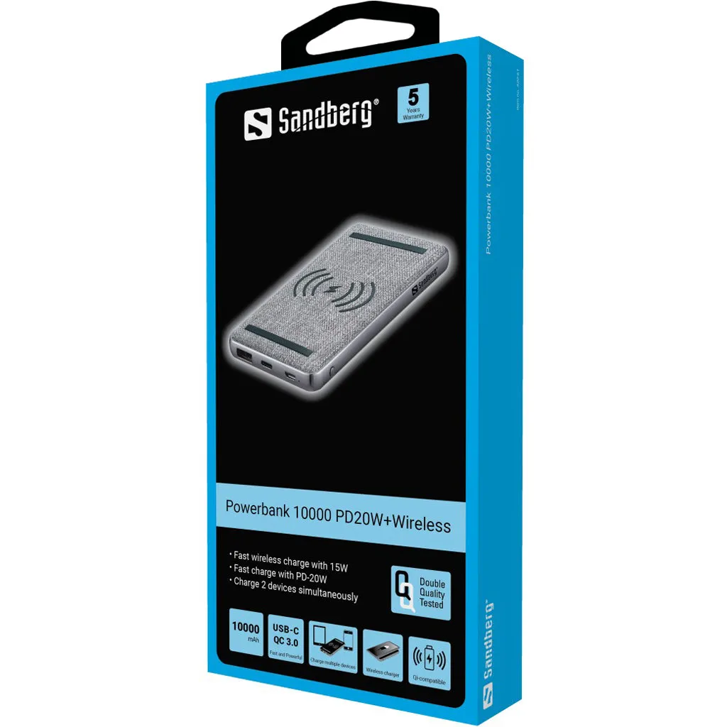 Sandberg 420-61 Wireless Powerbank 10000Mah 20W Qc3.0 Usb-A/Usb-C Grau