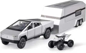 TESLA CYBER TRUCK PICK-UP TRAILER CAMPER 1:32 DIECAST METAL PULLBACK TOY CAR WITH OPENABLE DOORS & LIGHT, MUSIC BOYS CAR FOR KIDS BEST TOYS GIFTS TOYS FOR KIDS【 COLOR AS PER STOCK 】