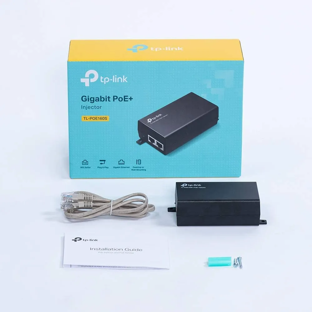 TP-LINK TL-PoE160S, 802.3at/af Gigabit PoE Injector, Non-PoE to PoE Adapter, Supplies PoE (15.4W) or PoE  (30W), Plug & Play, Desktop/Wall-Mount