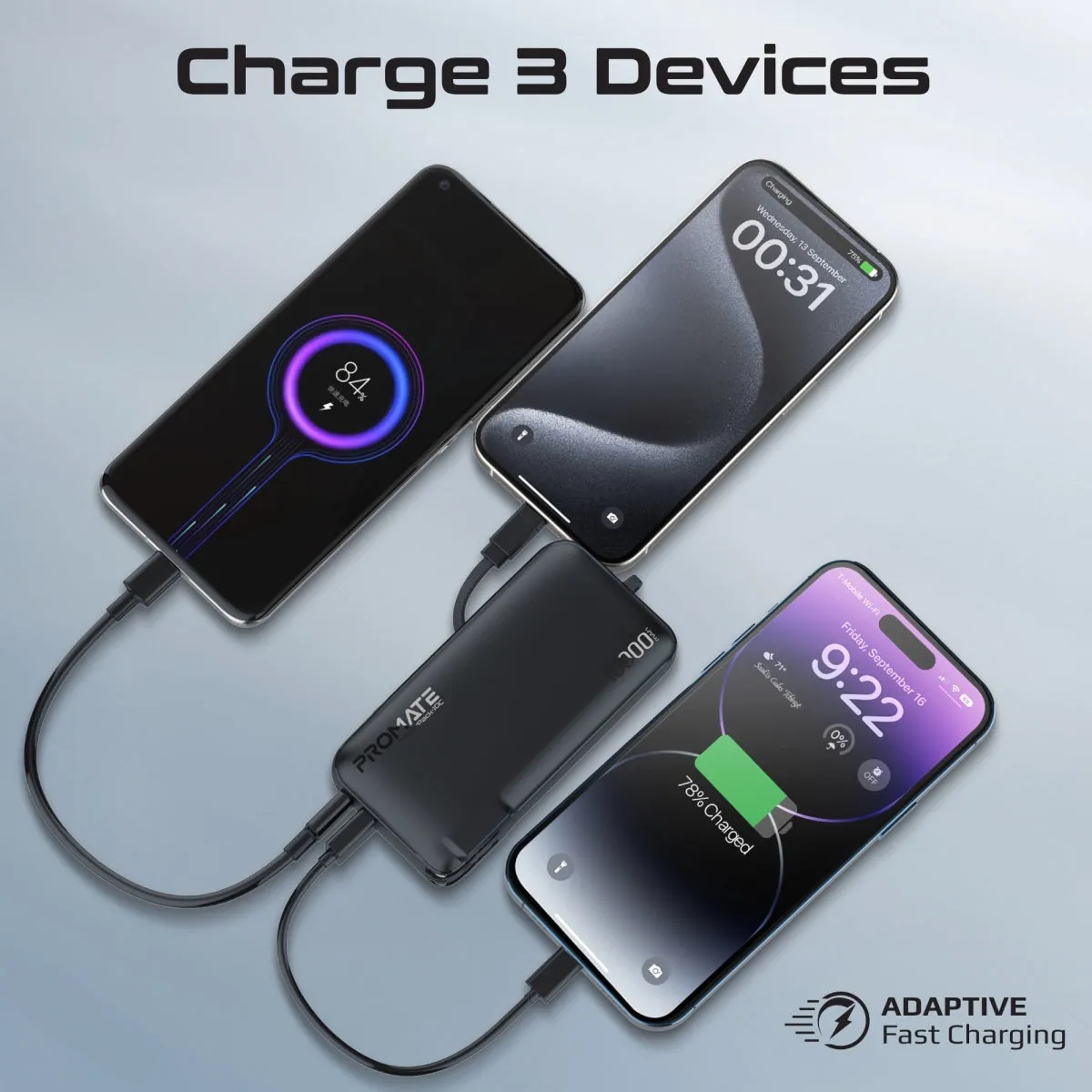 Ultra-compact-Fast Charging Power Bank with AC Charger & Built-In USB-C Cable