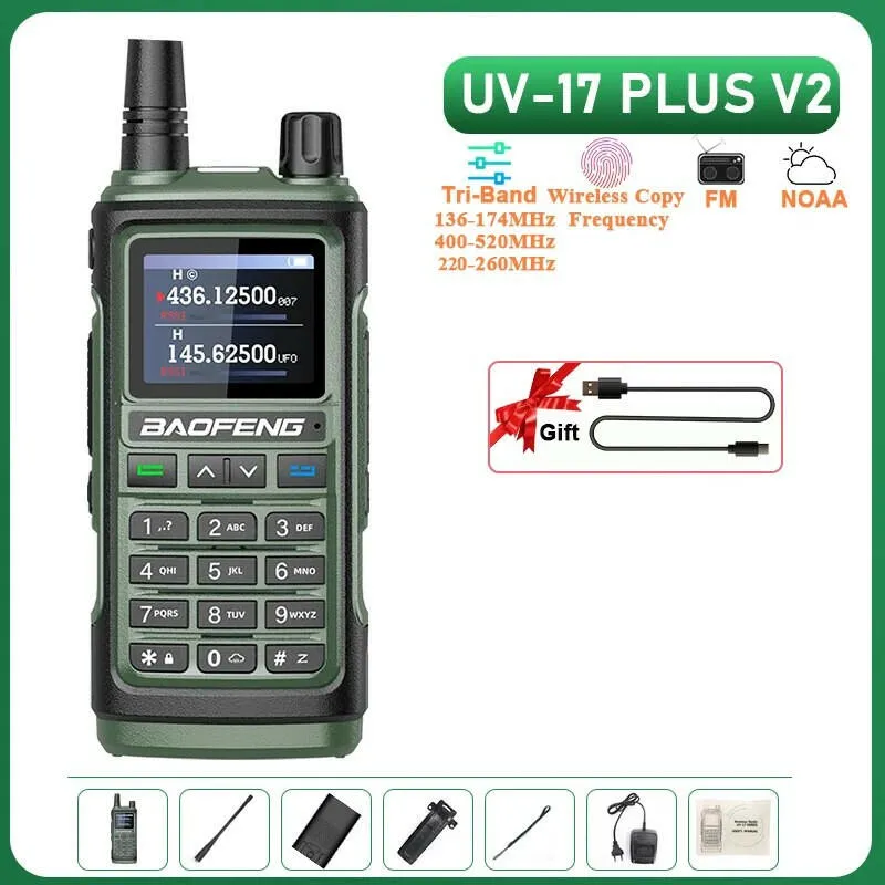 UV-17 Plus V1 V2 Baofeng Walkie Talkie 10W Type C Charging Dual/Tri Band Optional No Pro NOAA 1.77 Inch LCD Screen FM Waterproof