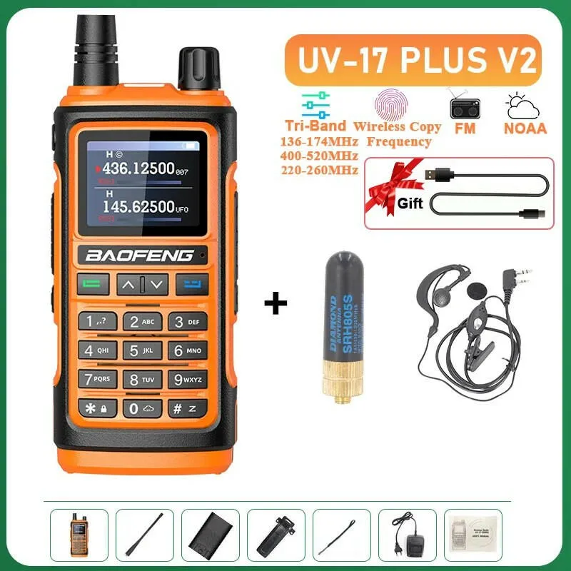 UV-17 Plus V1 V2 Baofeng Walkie Talkie 10W Type C Charging Dual/Tri Band Optional No Pro NOAA 1.77 Inch LCD Screen FM Waterproof