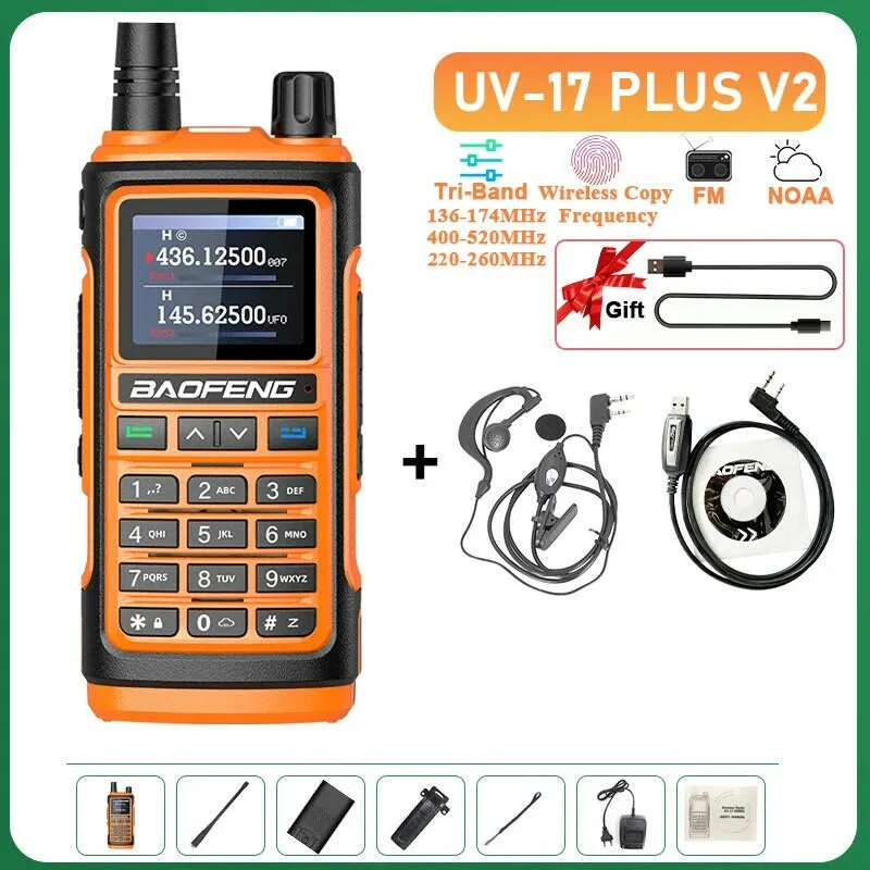 UV-17 Plus V1 V2 Baofeng Walkie Talkie 10W Type C Charging Dual/Tri Band Optional No Pro NOAA 1.77 Inch LCD Screen FM Waterproof