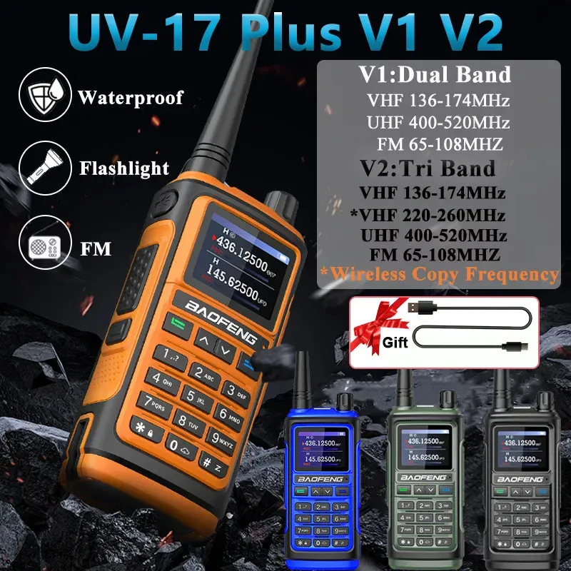 UV-17 Plus V1 V2 Baofeng Walkie Talkie 10W Type C Charging Dual/Tri Band Optional No Pro NOAA 1.77 Inch LCD Screen FM Waterproof