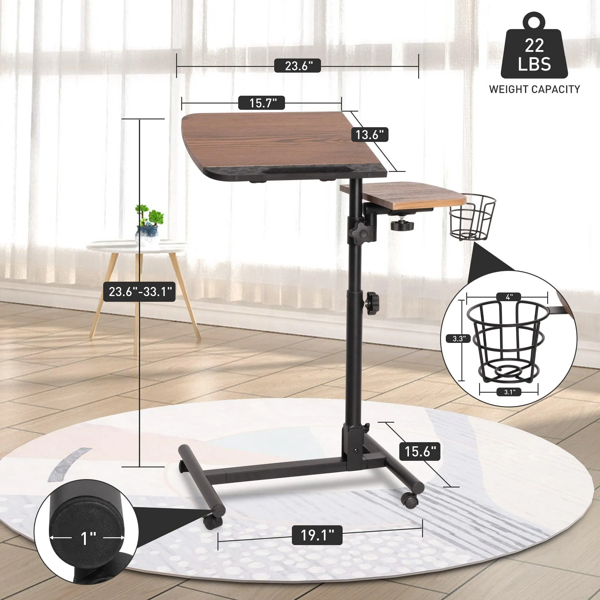 Versatile Mobile Laptop Cart: Height Adjustable Stand with Wheels, Cup Holder, and Lockable Wheels