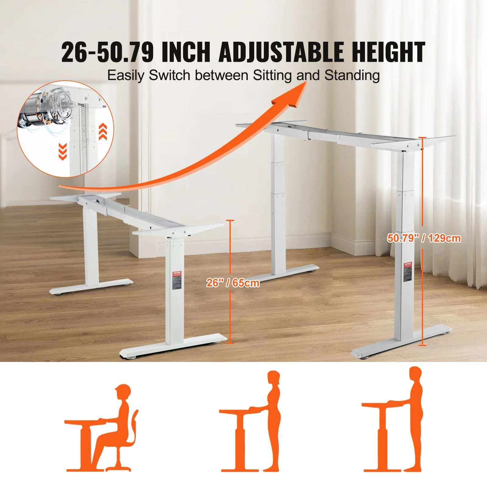 Vevor Standing Desk Frame Dual Motor Adjustable 26"-50.7" Height 43.3"-70" Length 3 Memory Presets New