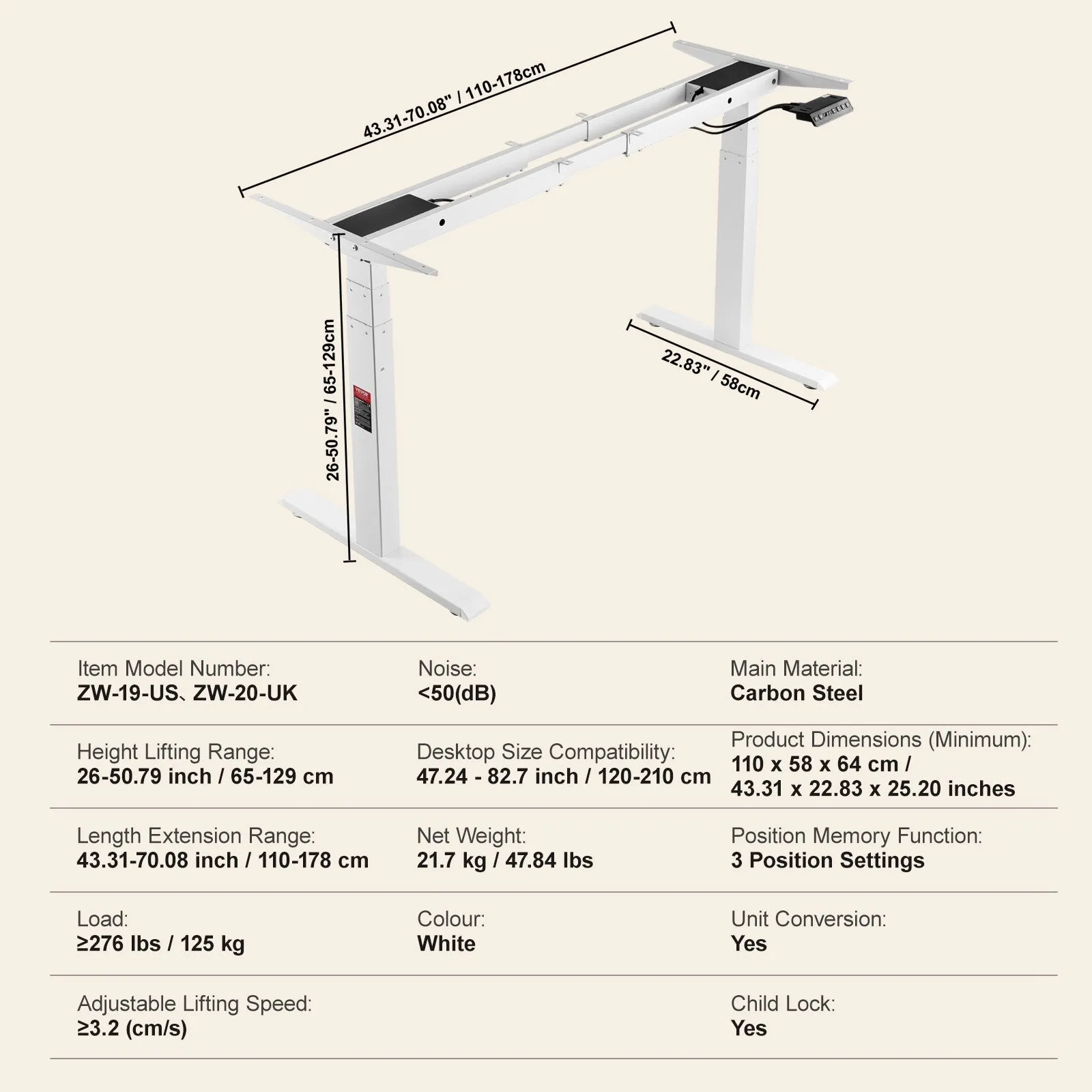 Vevor Standing Desk Frame Dual Motor Adjustable 26"-50.7" Height 43.3"-70" Length 3 Memory Presets New