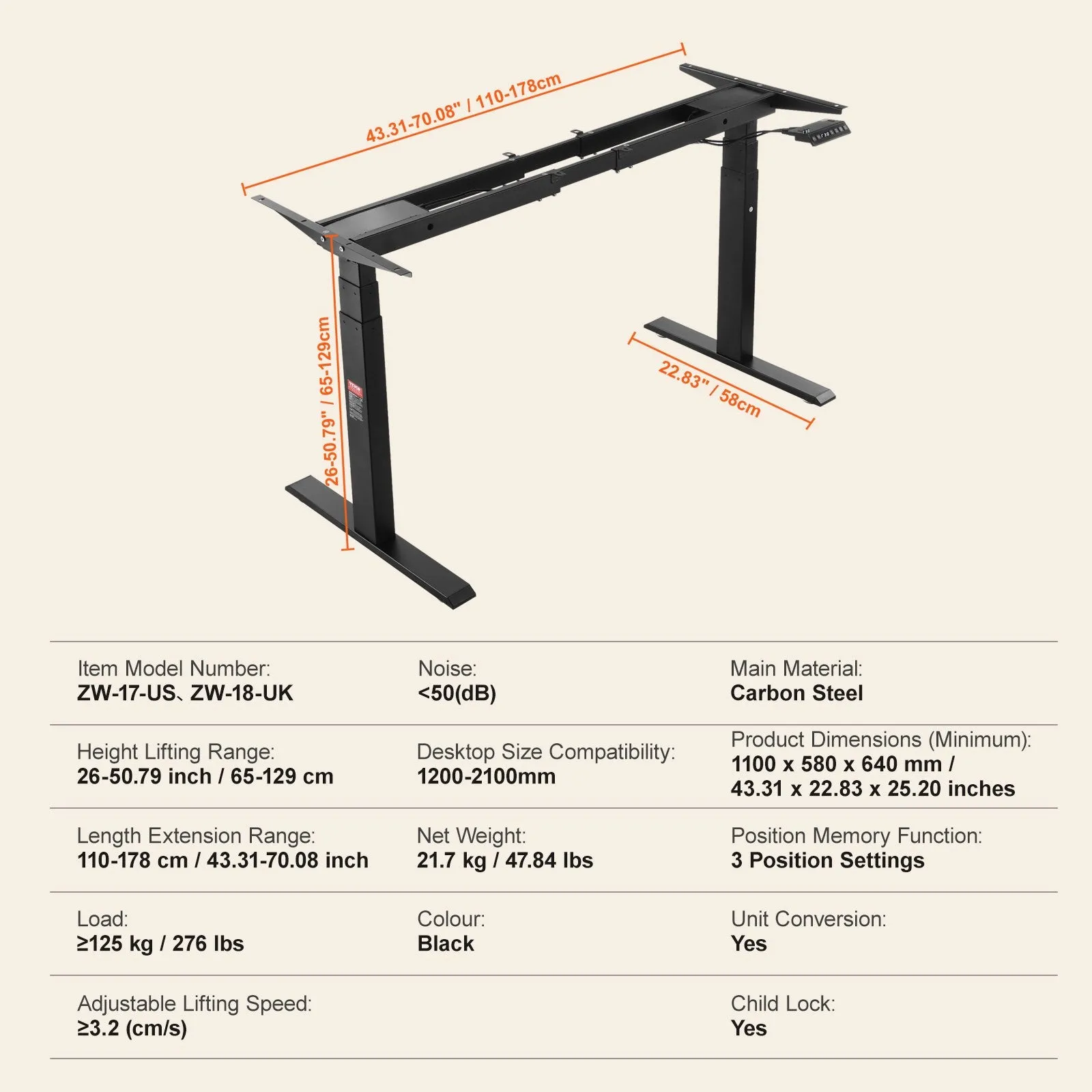 Vevor Standing Desk Frame Dual Motor Adjustable 26"-50.7" Height 43.3"-70" Length 3 Memory Presets New