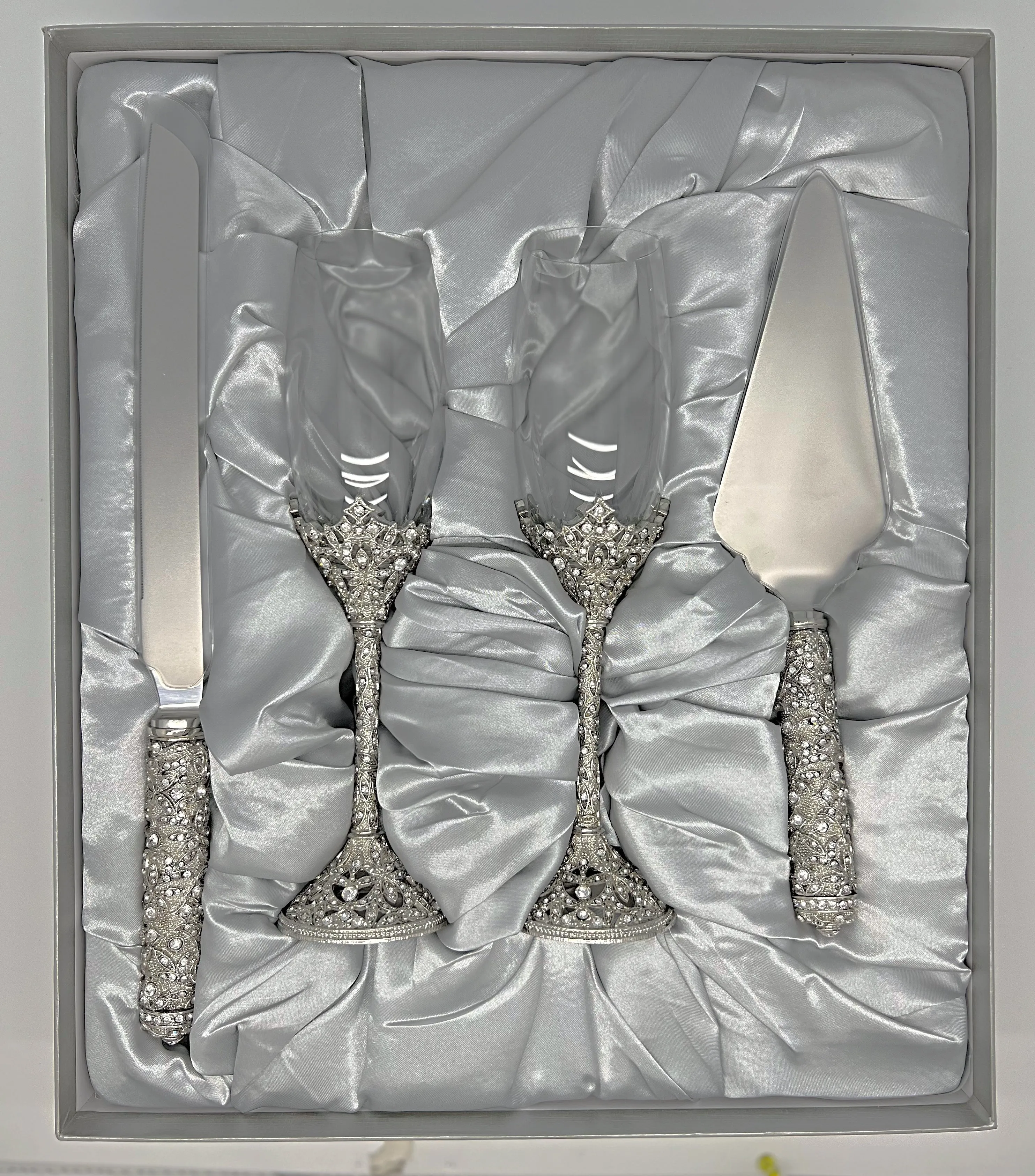 Wedding  Champagne Flutes with Cake Knife Set Decorated with Sparkling Rhinestone Crystals